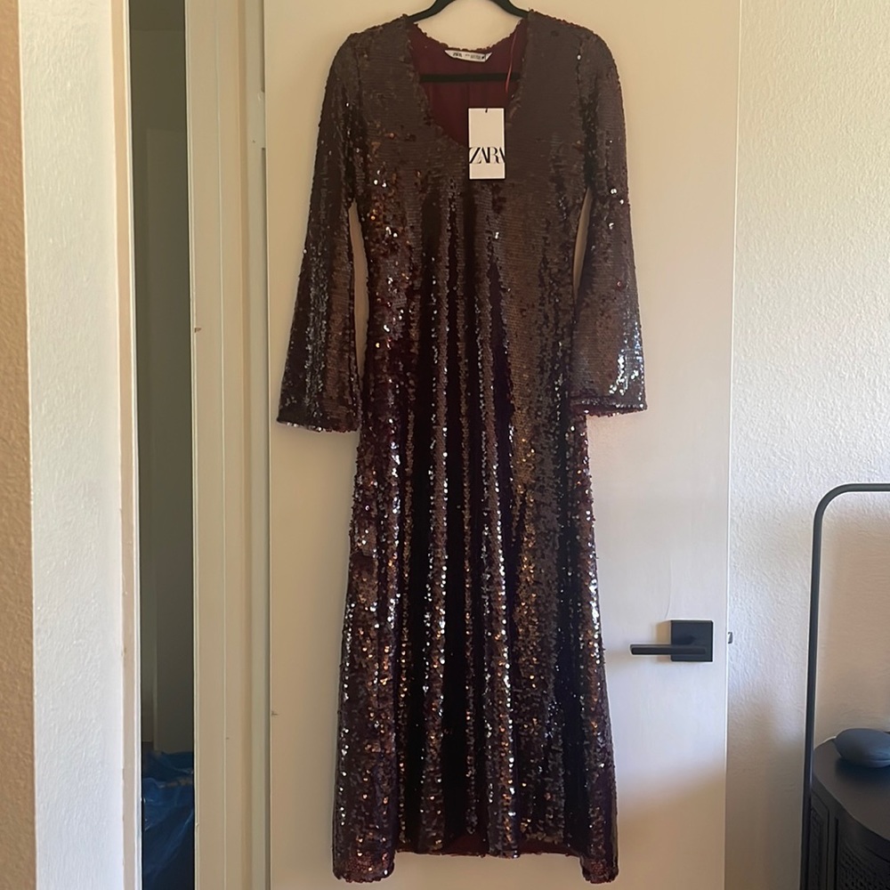 ZARA MAXI SEQUIN DRESS XS BURGUNDY